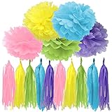 Bobee Pastel Party Decorations 30 Pieces of DIY Paper Pom Poms and Tissue Tassels in Pink Yellow Blue Green and Purple