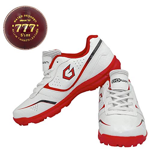 Image of Gowin Academy White /Red Cricket Shoes Size-2 with TR-777-R Cricket Leather Ball Alum Tanned Red
