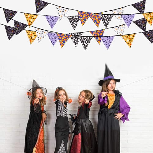 Image of Zwiebeco 32Ft Black Orange Purple Halloween Pennant Banner Triangle Flags Fabric Bunting Garland Cotton Flag for Halloween Birthday Wedding Party Home Garden Outdoor Decorations