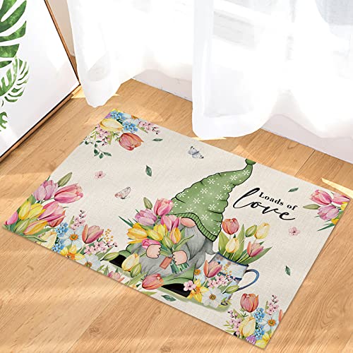 Spring Gnome Doormat Tulip Flowers Gnome Butterfly Welcome Mat Entrance Door Rug Loads Of Love Floor Mat For Spring Summer Holiday Party Indoor Outdoor Doormat Decorative Anti-Slip 18X30 Inches #TOP1