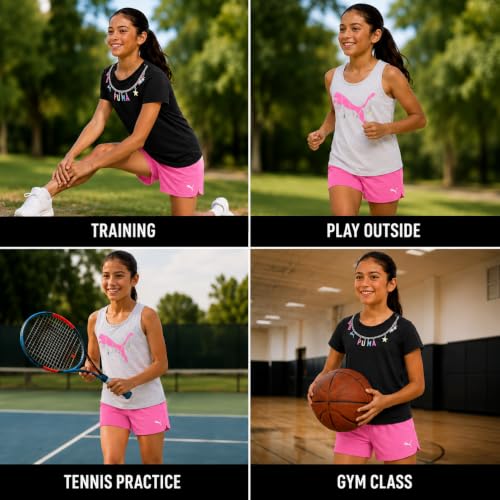 Image of PUMA Girls Active Shorts Set - 3 Piece Performance T-Shirt, Tank Top, Gym Shorts - Summer Athletic Outfit for Girls (7-14)