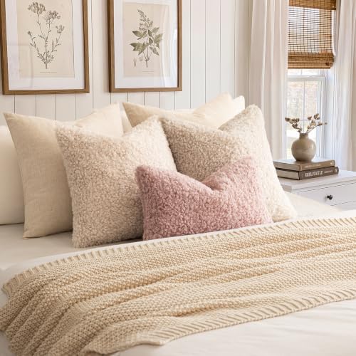 Image of Foindtower Set of 2 Curly Teddy Wool Pillow Covers Decorative Boucle Textured Lumbar Throw Pillow Faux Fur Sherpa Pillowcases Sheepskin Fuzzy Cushion Case for Sofa Bedroom Car 12 inchx20 inch Dusty Rose