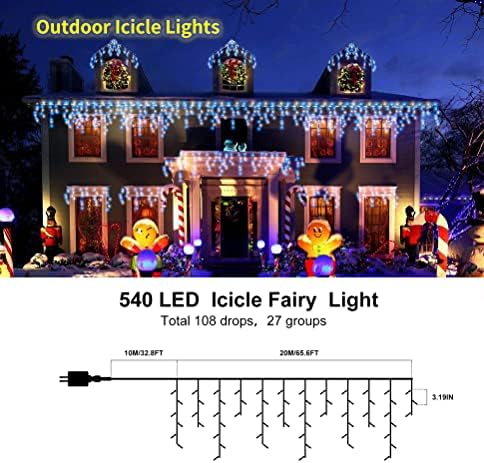 CERIAL 20M Icicle Lights Outdoor Christmas Curtain Fairy Lights Mains Powered Outside Ice Lights with 108 Drops for Indoor Gazebo Outside Xmas Decorations, Blue+White