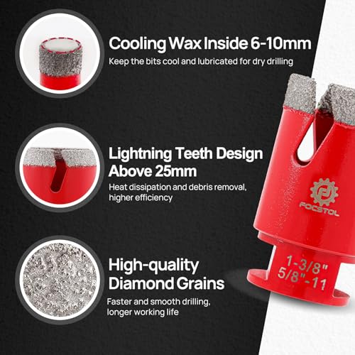 Image of Diamond Core Drill Bit Set - FOCSTOL 10pcs (6 /8 /10 /25 /35 /50 /65mm+10mm Finger Milling Bit+50mm Beveling Chamfer Bit+Hex) Hole Saw Kit for Porcelain Ceramic Tile Marble Granite with 5 /8''-11 Thread