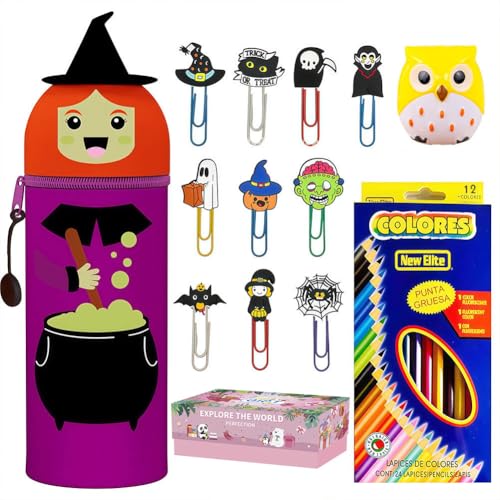 Scribbelfein Kawaii School Box 2 in 1 weiches Silikon mit 1 süßer Hexen-Schreibwaren-Box,10 Ringnadeln, 1 Eule-Stift-Pinsel und 12 Farben Blei (Q)