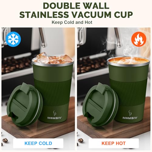 Image of MOMSIV 12oz Travel Mug, Insulated Coffee Cup with Leakproof Lid, Vacuum Stainless Steel Double Walled Reusable Tumbler for Hot and Cold Water Coffee and Tea In Travel and Car Armygreen 380ML