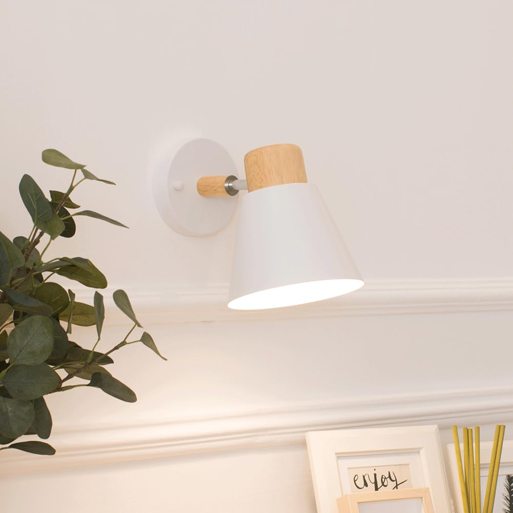 Aplique de pared retro para mesita de noche, aplique de pared de metal blanco con lámpara de madera, lámparas de pared ajustables a 180°, accesorio de iluminación E27, apliques de macarrón nórdic
