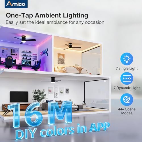 Image of Amico 42 Inch RGB Ceiling Fans with Lights, Low Profile, app /Remote, Black