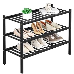 3 Tier Bamboo Shoe Rack for Closet Free Standing Wood Shoe Shelf Storage Organizer for Entryway Small Space Stackable 27″x11″x20″ (Black)