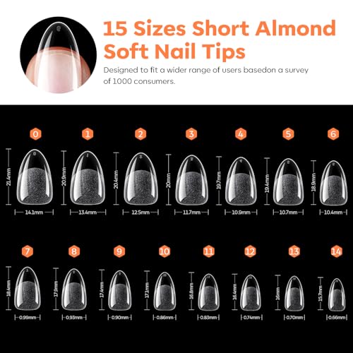 Image of Modelones Almond Nail Tips, 15 Sizes 40 Grit Pre-Etched Half Matte Clear Short Almond Fake Soft Ge Nails Tips Full Cover Acrylic Gel Kit Press On Nails for Extension Manicure DIY Salon 240Pcs
