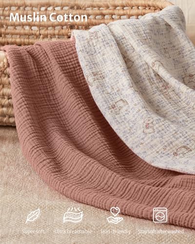 Image of Blissful Diary Muslin Crib Sheets for Girls, Boho Soft Cotton Baby Sheet for 52''x28'' Standard Crib Mattress, 2 Pack(Blush Bunny Floral & Dusty Pink)