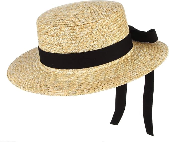 Summer Boater Straw Hat, Wide Brim Retro Flat Top Panama Beach Sun Hat, Black Trim, Handwoven3