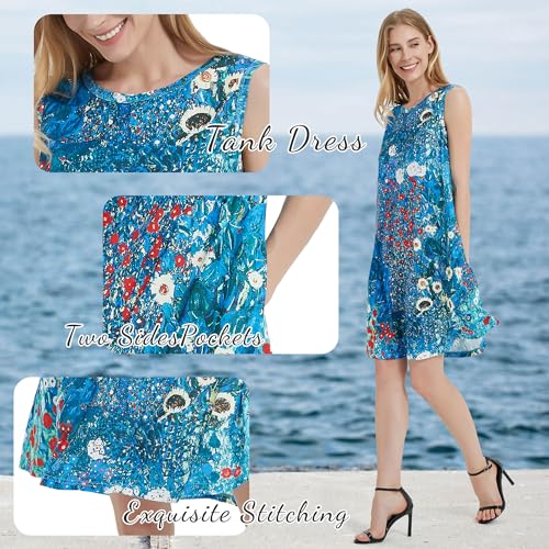 Image of Scotamalone Summer Dresses for Women Casual Beach Travel Vacation Floral Tshirt Sundress Tank Dress Sleeveless with Pockets
