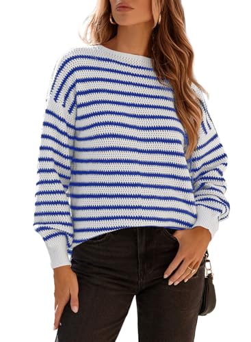 Image of Dokotoo Sweaters for Women Crewneck Long Sleeve Striped Color Block Loose Knit Pullover Sweater Tops
