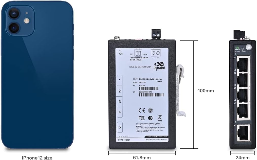 InHand Networks ISE2005D Switch Ethernet Industriale 5 Porte 10/100 Mbps, Switch di Rete Non Gestito per Guida DIN, Ultra Compatto, da -40°C a +75°C, Certificato CE/UL (Morsettiera Inclusa)