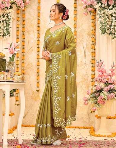 Image of SIRIL Women's Shimmer Georgette Embroidery & Scalloped Border Saree With Unstitched Blouse Piece