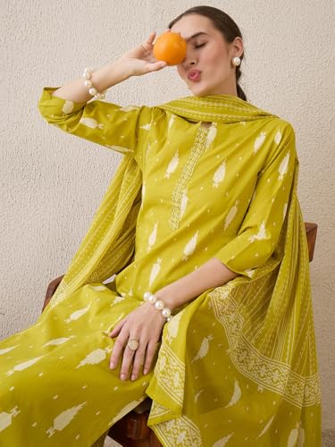 Image of INDO ERA Women's Pure Cotton Printed Straight Kurta & Pant With Dupatta Set