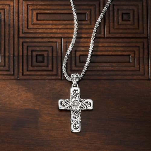 Ross-Simons Sterling Silver Bali-Style Floral Cross Pendant Necklace. 18 inches4