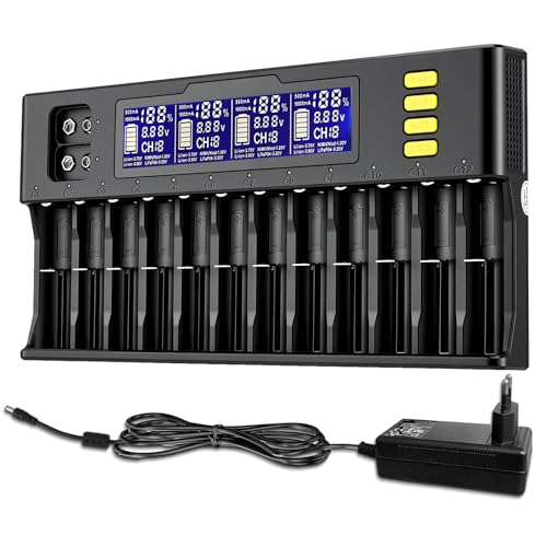 Aofesel Chargeur de Batteries 18650, Chargeur à 12+2 emplacements avec écran LCD – Chargeur Rapide Universel pour Batteries 18650, 21700, 26650, AA, AAA,...