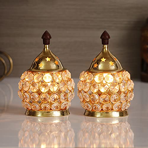eCraftIndia Set of 2 Golden Brass and Crystal Akhand Diya for Puj...