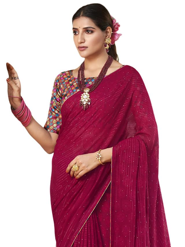 Satrani Women's Georgette Stone Work & Jacquard Saree With Unstitched Blouse Piece (3333S327N_Dark Pink)