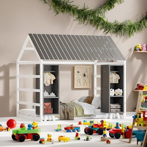 BEDGJH Wood House Bed, Kids Floor Bed Twin Size with Fence, Roof and 2 Movable Wardrobes, No Box Spring Needed (Gray)