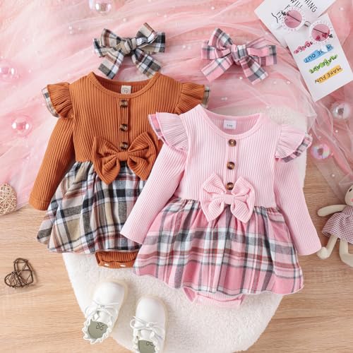 Hnyenmcko Newborn Baby Girl Fall Winter Outfits Infant Plaid Romper Dress Ruffle Long Sleeve Jumpsuit Headband Clothes Set2
