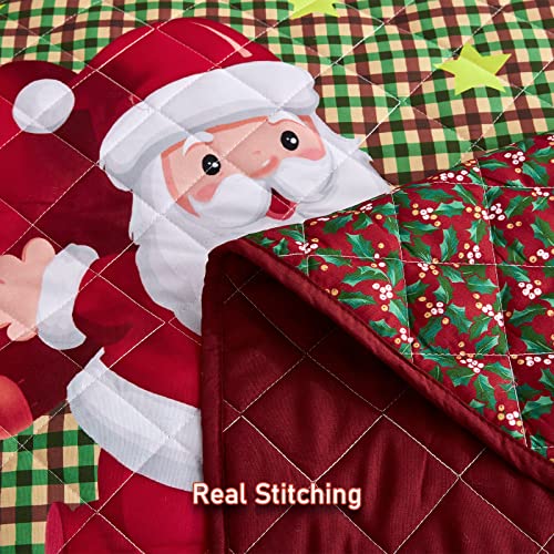 Image of CHIXIN Christmas Oversized Bedspread King Size, Santa Claus Pattern Bedding Quilt, Rustic Lodge Plaid Patchwork Coverlet Set, Lightweight & Soft Microfiber, 3 Piece, King /Cal King