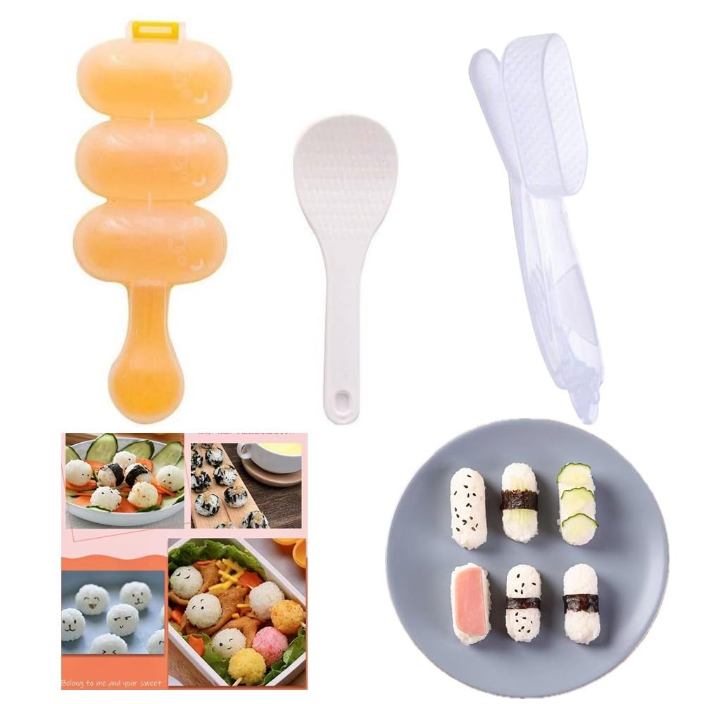 AMAZWIJapan Rectangle Sushi Non-Stick Press Spatula Bento Making Tool, DIY Newbie Onigiri Shaker Spherical Cute Kitchen Bento Making Mould with Mini Rice Spoon Kids Food Decoration Set