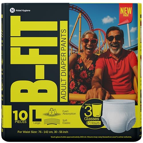 Image of B-Fit Regular Adult Diaper L Size Pants | 10 Count (Large) | Waist 30-56 inch | Unisex | Leakproof | Even Absorption | Long Protection hours | Brief-Like Fit & Soft Elastic Waist