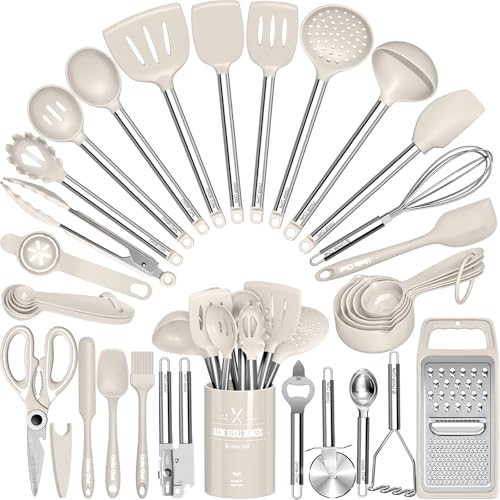 Comparison: Best Cookware Set For Wedding Registry 11 Kitchen Utensils Set-Umite Chef 34 Pcs Silicone Cooking Utensils Set for Nonstick Cookware-Silicone Spatulas Set, Stainless Steel Handle-Khaki Kitchen Gadgets Tools, Pots and Pans Accessories