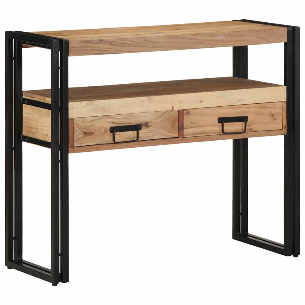 Tavolo consolle in legno massiccio di acacia, marrone, con ripiano e 2 cassetti, 90 x 33 x 75 cm, telaio in acciaio, per soggiorno, corridoio, camera da letto, come tavolino con pratico