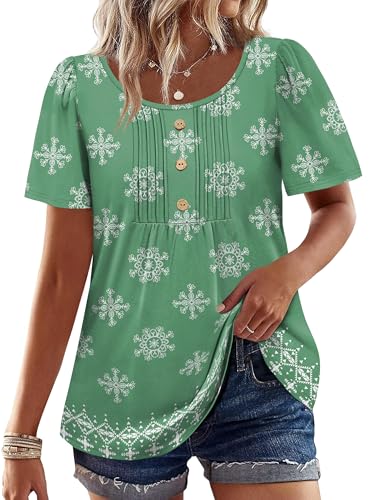 Image of Womens Tops Dressy Casual Blouses Short Sleeve Shirts Plus Size Fashion Clothing Spring Summer Outfits Button Pleated Front