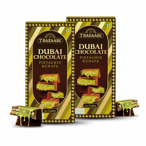 Image of 7 BAZAARI Authentic Dubai Chocolate Pistachio Kunafa Dessert Pack of 2, 10Pcs each pack - Made with Premium Milk Chocolate & American Pistachios |Arabic Sweets with Crispy Kunafa