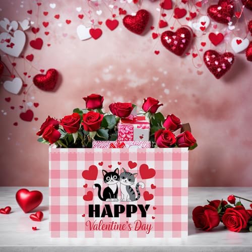Image of Cute Large Valentine's Day Gift Basket Empty Heart Decor Storage Bin for Kid Baby Room Decor (Pink Checkered Cat)