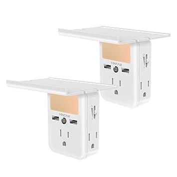 [2-Pack]VINTAR Outlet Shelf-Wall Outlet Extender with Built-in Shelf, Multi Plug Outlet with Adjustable Night Light,3 Power Outlets 2 USB Ports,ETL Certified.
