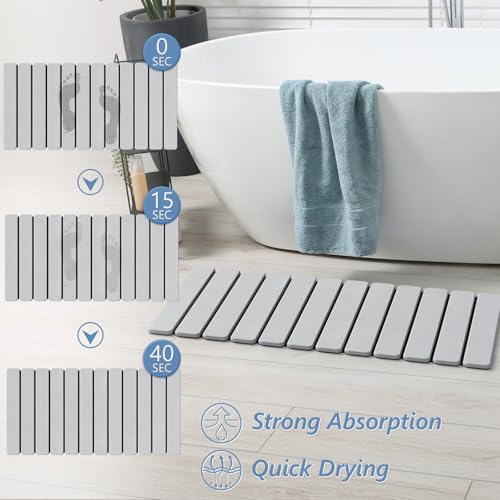 Image of AWW Foldable Stone Bath Mat, Diatomaceous, 31.5 inchx15.7 inch, Light Grey | Quick-dry surface, super absorbent, easy-clean finish, non-slip mat included, and compact storage for small bathrooms
