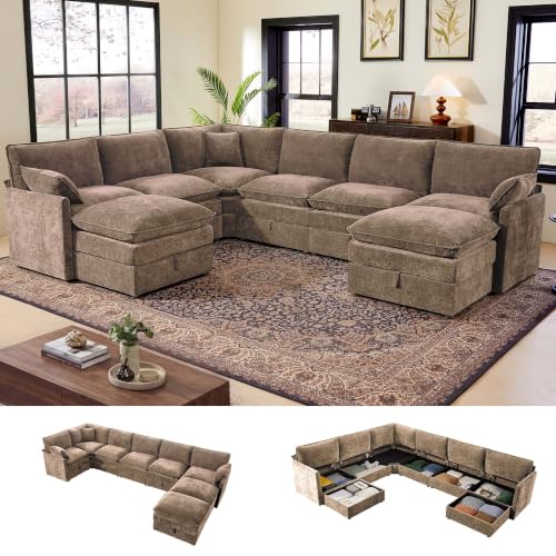 Image of Ihanherry Oversized Modular Sectional Sofa with Storag, 8-Seater V Shaped Cloud Couch with Movable Ottomans, Chenille Deep Seat Corner Couches for Living Room (Brown)