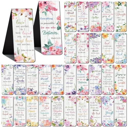 Chinco 30 Pcs Magnetic Christian Bookmarks - Bible Verse Inspirational Scripture Page Clips, Religious Prayer Bookmarks for Women, Kids, Teachers, Church Supplies & School Gifts(Flower)