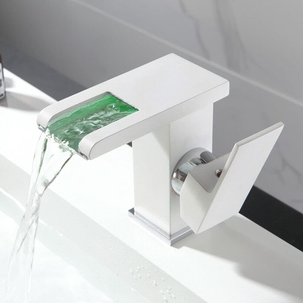 Robinet de lavabo à LED blanc cascade avec 3 changements de couleur RVB