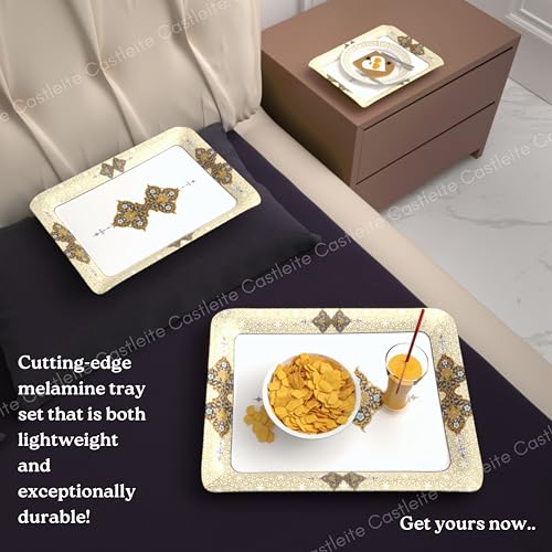 Image of Castleite Valencia Series Melamine Trays Set of 3 with Handles for Serving Snacks or Tea - A Designer Tray Medley for Home or Cafe Use (Beyla)