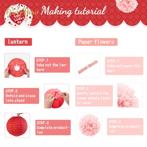 Image of NICROHOME EUR Valentine's Day Decorations, 12 PCS Pink Red Love Tissue Paper Pom Poms and Lanterns Set, Red rose heart printed paper flowers for Valentine's Day Party Supplies