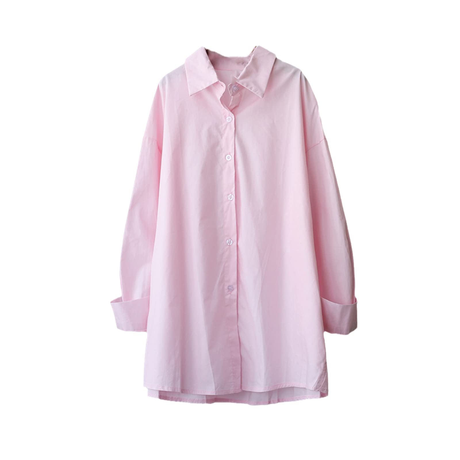 Blusa de manga larga Mujer Botón Up Camisa de señoras Tops de moda coreana Blanco Azul Rosa Algodón Otoño Suelto Oversize, rosa, S