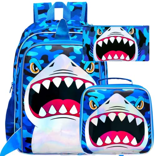 Image of 16 inch Shark Backpack for Boys, 3Pcs Kids Bookbag with Lunch Box, School Backpacks for Elementary Preschool Kindergarten (Blue)