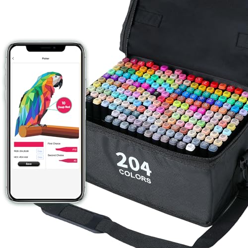Vokiuler 204 Colors Alcohol Markers, Art Markers for Artists with Coloring App, Dual Tip Marker for Kids Adult Painting Sketching Drawing with Travel Case Great Gift Idea
