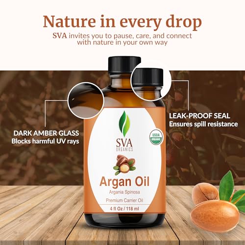 Image of SVA Organic Argan Carrier Oil, Glass Bottle with Dropper, 4 Fl Oz (118 ml) | Argan Oil for Hair Care, Scalp Care, Face Care, Facial Oil, Skin Care, Body Massage, Personal Care & DIY Beauty Blends