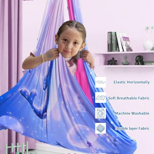 Image of Sensory Swing for Kids & Adults with 360 Swivel Hanger Kit, Double Layer Elastic Therapy Swing Holds up to 300lbs for Autism, ADHD,Aspergers, and SPD (Blue PinkDolphin)