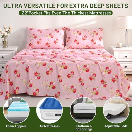 Image of Bedlifes Extra Deep Pocket 18-24 inch Queen 4-Piece Sheet Set - Cooling Sheets Blend Rayon Derived from Bamboo Soft & Breathable,Featuring Pink Floral Red Rose