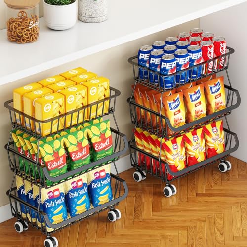 3-Tier Rolling Pantry Cart with Wheels, Stackable Wire Storage Floor