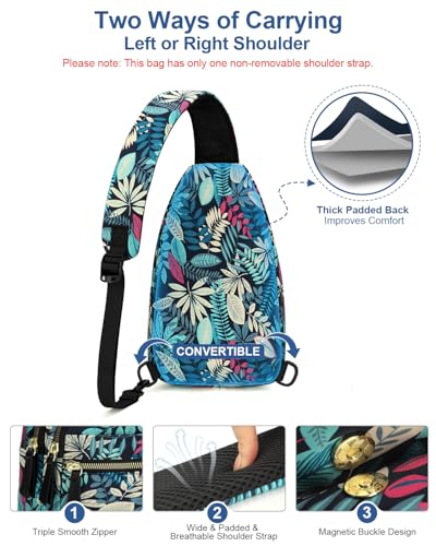 Image of Capolo Sling Bag for Women Men Waterproof Crossbody Bags for Women Trendy Casual Fanny Pack with Convertible Shoulder Strap Chest Bag for Travel Hiking(Blue Leaves, Medium)